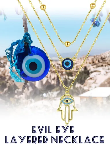 Vista 6 de Tikfola Collar de oro de 14 quilates en capas de plata de ley 925 con corazón, mal de ojo, cruz, trébol, collar apilado de triple capa, regalo