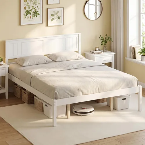 Vista 13 de Giantex Base de cama individual con cabecero, cama de plataforma de madera maciza con soporte de listones de madera, cama individual