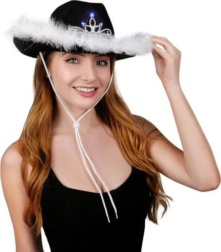 Sombrero de fieltro tipo tiara parpadeante de vaquero con ribete de plumas (negro y blanco)