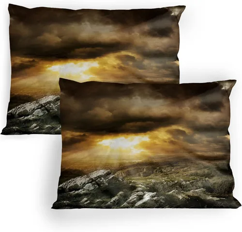 Vista 4 de Lunarable Nature Pillow Sham Set of 2, Sunset in a Winter Park Russia Sun Rays Through Trees Pathway to Forest, Quality Microfiber Bedding Item for