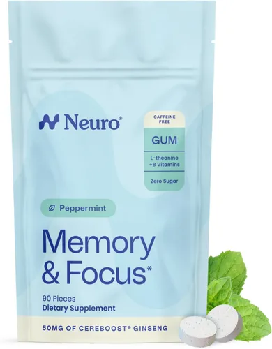 Neuro Memory & Focus Gum - Goma de mascar nootrópica con vitamina B12, vitamina B6, L-teanina y extracto de ginseng, suplemento natural de apoyo