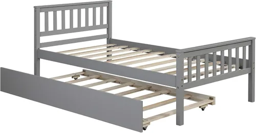 Vista 6 de Cama individual con nido, marco de cama de plataforma de madera con cabecera y estribo para dormitorio, espacio de vida pequeño, no necesita somier