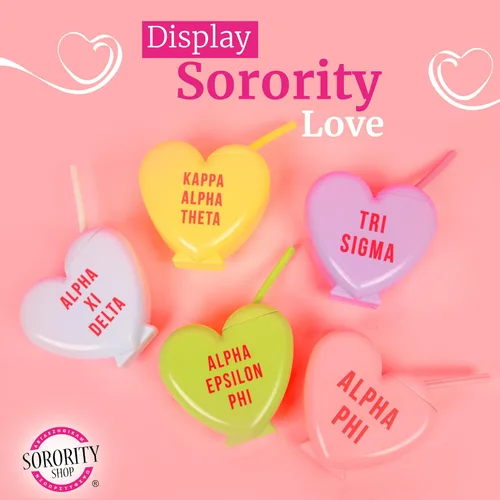 Vista 6 de Sorority Shop Alpha Omicron Pi - Vaso con pajilla, vaso de 16 onzas en forma de corazón de caramelo con tapa y popote de silicona, vaso de plástico
