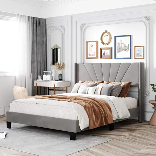 Vista 12 de Base de cama de plataforma tamaño Queen con cabecera tapizada de terciopelo y soporte de listones de madera, cama y cabecera tamaño Queen, no Beige