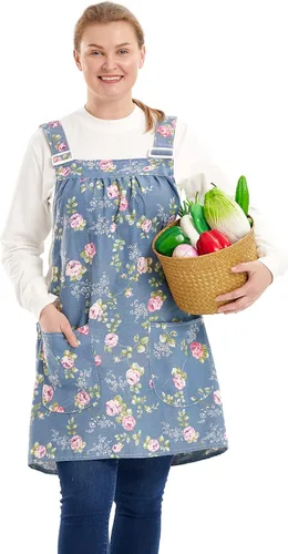 Vista 14 de Delantales sin lazos para mujer, talla grande, con bolsillos, de algodón, lino, para hornear, cocina, cocina banana ( Banana Leaf )