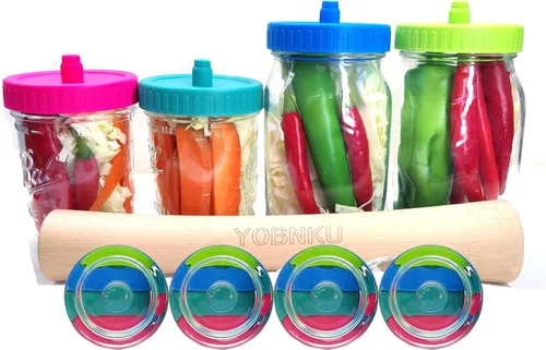 Vista 8 de Kit de fermentación de tarro Mason para tarro Mason de boca ancha con 4 pesos de vidrio y 4 tapas de fermentador, tarros no incluidos (sin libra)