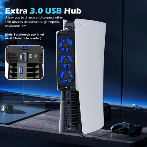 Vista 4 de Cooling Fan for PS5 Accessories, Upgraded Auto Temperature Control for PS5 Cooling Fan with 3 Blue LED Light, USB 3.0 Hubs, Efficient for PS5 Cooler