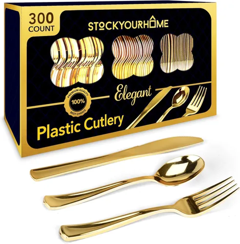 Vista 14 de Juego de cubiertos de plástico resistente (dorado) de 75 piezas, juego de cubiertos desechables, ideal para fiestas, bodas y catering, cubiertos