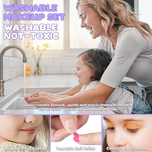 Vista 5 de 54 piezas de kit de maquillaje para niñas, juego de cosméticos lavables de princesas, juguetes de simulación con espejo, regalos de cumpleaños