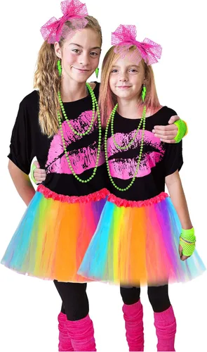 Vista 7 de Blulu Conjunto de accesorios de disfraz de los años 80 camiseta tutú con diadema aretes collar calentadores de piernas