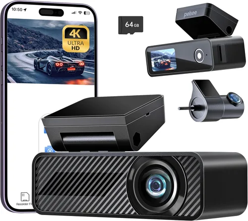 Pelsee P1 Duo 4K Dash Cam frontal y trasera, tarjeta SD de 64 GB, cámara de tablero dual 4K+1080P para automóviles, control Wi-Fi y aplicación,