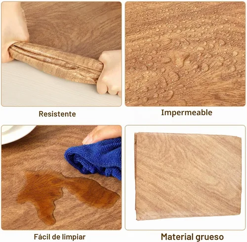 Vista 4 de Mantel redondo de grano de madera, borde elástico, de plástico, protector de mesa, protector de mesa, impermeable, ajustable, para redondo grande