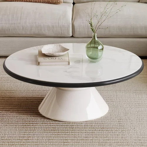 Mesa auxiliar redonda moderna de 29.92 pulgadas, parte superior de cristal de piedra blanca crema con borde negro, base de pedestal individual