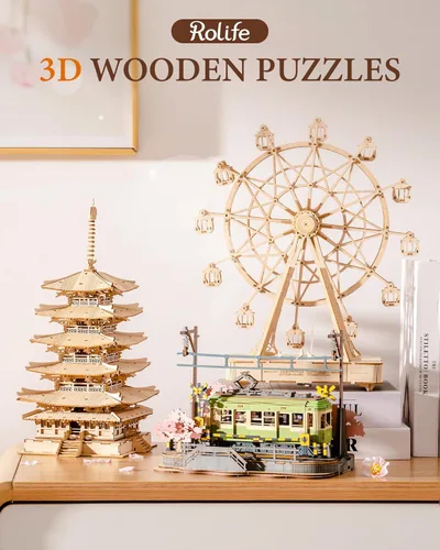Vista 2 de Rolife - Kits de modelo de madera para adultos para construir rompecabezas 3D DIY Pagoda de cinco pisos, regalos únicos de cumpleaños para amigos