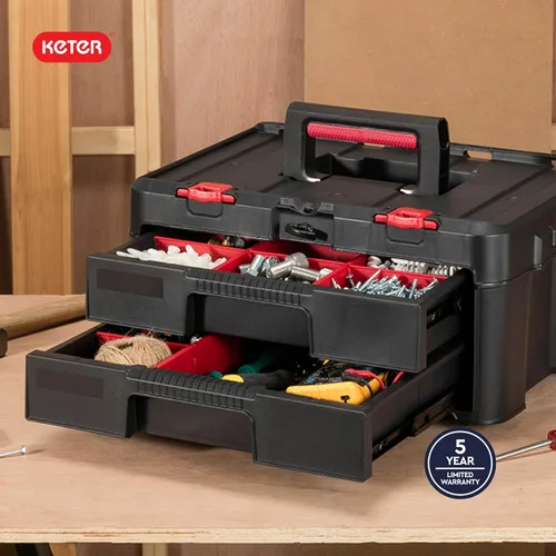 Vista 10 de Keter Stack-n-Roll - Caja de herramientas de dos cajones para piezas pequeñas y accesorios de herramientas eléctricas, se adapta al sistema modular