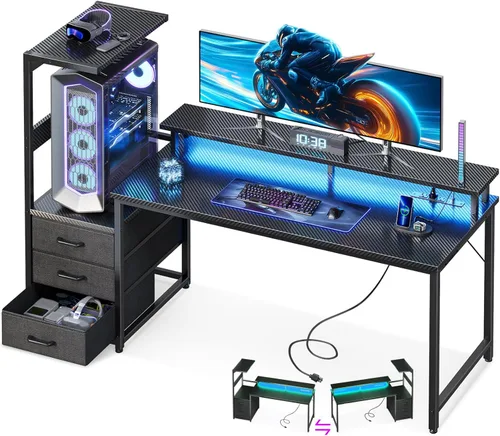 Vista 11 de Casaottima - Escritorio de juegos de 59 pulgadas con puertos de carga USB y luz LED - Escritorio reversible para computadora con 3 cajones de tela