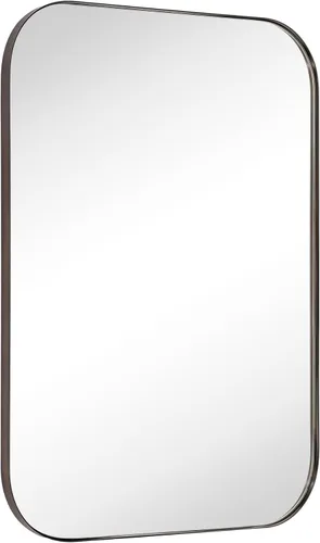 Vista 10 de Espejo de pared rectangular redondeado de níquel cepillado de 22 x 30 pulgadas, espejo de pared rectangular con marco de metal de acero inoxidable