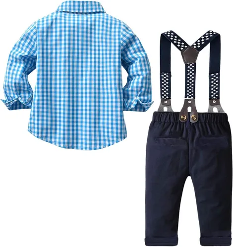 Vista 3 de SANGTREE - Ropa para bebés y niños, camisa de vestir con corbata de moño y pantalón con tirantes, de 3 meses a 14 años