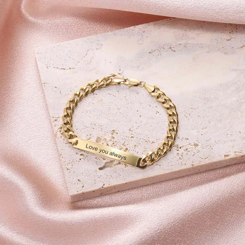 Vista 5 de Pulsera de identificación personalizada con grabado de nombre personalizado, elegante pulsera de barra con cadena bordilla, regalo para marido