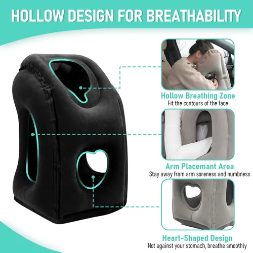 Vista 5 de Almohada inflable de viaje para aviones, almohada de avión para apoyar el cuello, utilizada para aviones, trenes, automóviles, incluye bolsa