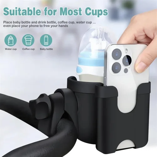 Vista 4 de Portavasos universal para cochecito con funda para teléfono, accesorios para cochecito 2 en 1 con rotación de 360°, soporte ajustable para bebidas