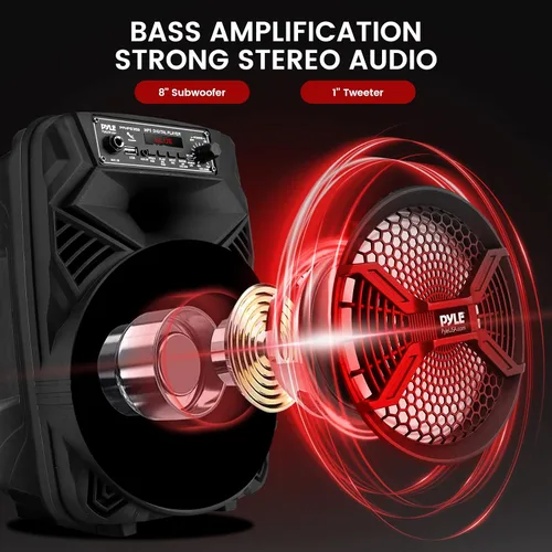 Vista 2 de Pyle Altavoz Bluetooth PA portátil de 8 pulgadas, potencia máxima de 300 W, batería recargable, luces LED intermitentes, radio MP3/USB/FM, entrada