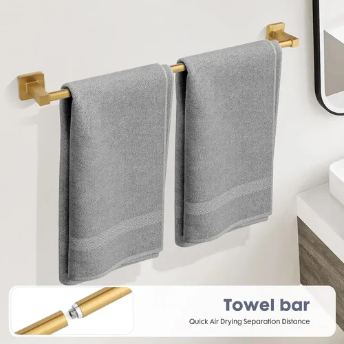 Vista 2 de Juego de 5 piezas de accesorios de baño de oro cepillado, juego de barra de toalla de mano de acero inoxidable de 60 cm dorado, soporte de papel