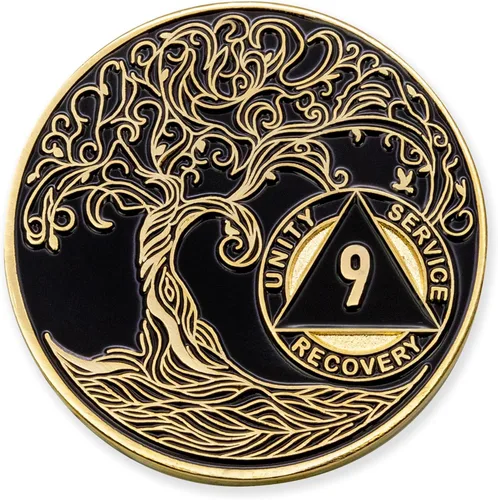 Vista 255 de 1 año Sobriety Mint Twisted Tree of Life Medallón de recuperación AA chapado en oro, chip/ficha - negro