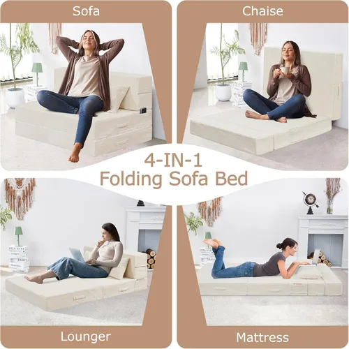Vista 4 de Sofá Cama Individual Plegable Silla Sofá Cama con Almohada, Twin, Beige Fold out chair bed, Futon sofa bed, Extra bag included, All foam made