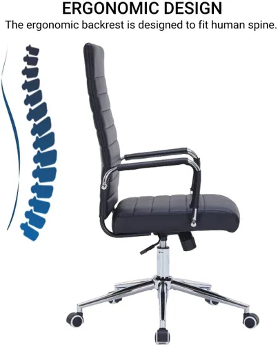 Vista 4 de Silla de escritorio de oficina con respaldo alto, silla de computadora ejecutiva de piel sintética con ruedas, altura ergonómica moderna ajustable