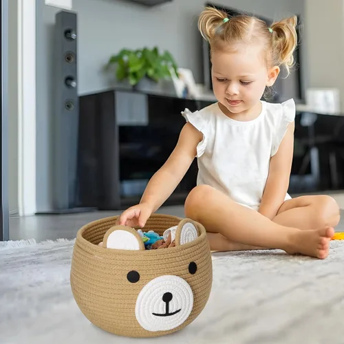 Vista 5 de Cesta de bebé de cuerda de algodón PandaEar, cesta de regalo para bebé, organizador de lavandería de guardería con lindo diseño de oso