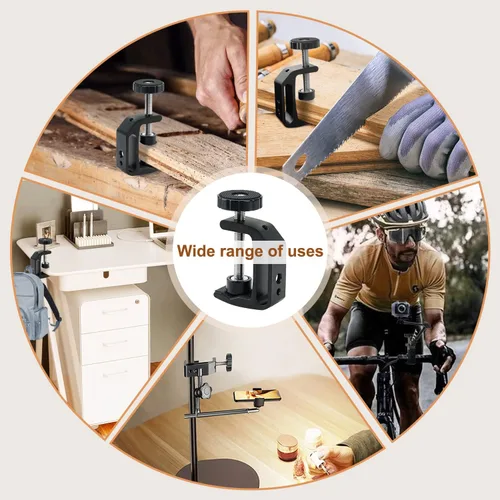 Vista 2 de abrazadera en forma de C universal con rosca de 1/4 y 3/8 para soporte de montaje en escritorio, monitor LCD, flash, carros, bancos, mesas