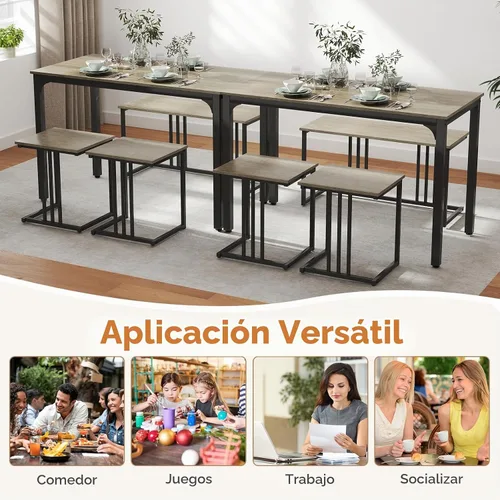 Vista 6 de GOFLAME Juego de mesa de comedor de 4 piezas para 4, mesa de comedor rectangular de madera con banco y 2 taburetes, juego de mesa de cocina