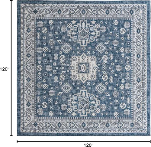 Vista 288 de Unique Loom Outdoor Aztec Collection Alfombra de área - Chalca (10 pies, redonda, azul/marfil)