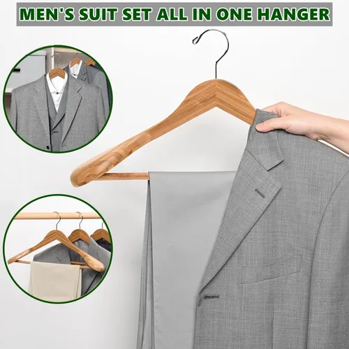 Vista 6 de Amber Home Paquete de 6 Perchas de Traje de Madera de Bambú Natural de Hombros Anchos, Perchas de Ropa de Bambú con Barra para Pantalones, Perchas