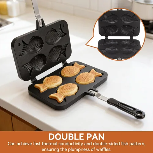 Vista 5 de Cyrank Taiyaki - Molde para pasteles en forma de pez, antiadherente para hacer gofres, molde doble para panqueques con mango largo, molde doble