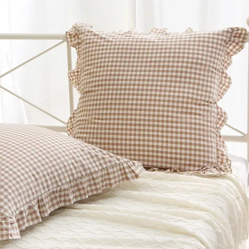 Vista 69 de Paquete de 2 fundas de almohada europeas a cuadros azul polvoriento, blanco, a cuadros, 100% algodón lavado, a cuadros, estilo francés, rústico