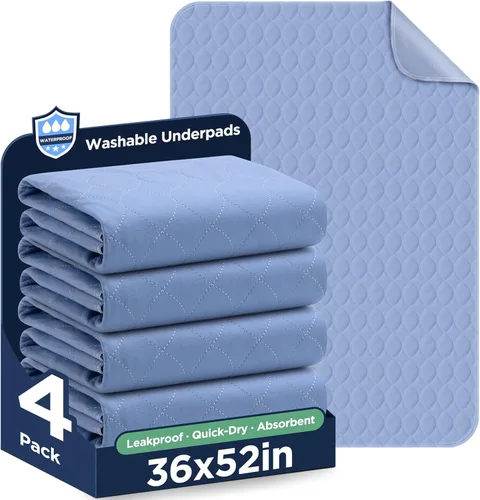 Vista 10 de Almohadillas lavables para cama 34" x 36" - Paquete de 4, Azul, Almohadillas impermeables para incontinencia, Almohadillas para cama, sofá, piso