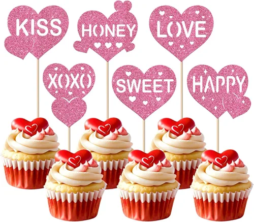 Vista 49 de Paquete de 24 adornos para cupcakes con purpurina en forma de corazón con temática de amor dulce, decoración de pasteles para el día de San