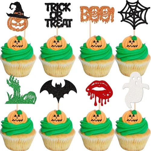 Vista 20 de 24 piezas de decoración de cupcakes de Halloween para despedida de soltero con purpurina, araña, bruja, murciélago, Halloween, cupcakes