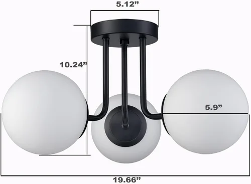 Vista 7 de Lámpara de techo semiempotrada moderna de metal negro de 3 luces con pantalla de vidrio de globo blanco, lámpara de montaje en techo para pasillo