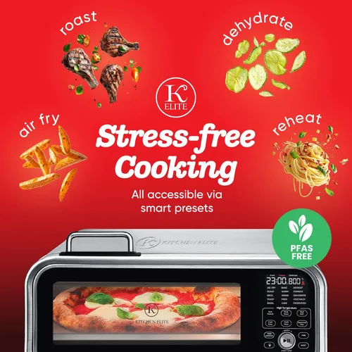 Vista 5 de Kitchen Elite 15 en 1 Horno tostador Freidora de aire Combo con panel táctil y capacidad para pizza de 12 pulgadas, acero inoxidable, plateado