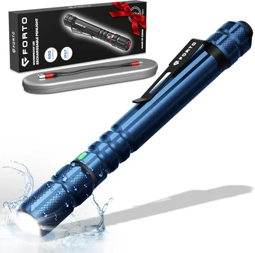 Vista 8 de FORTO Linterna de luz recargable para bolígrafo, linterna de bolsillo pequeña de 400 lúmenes con clip, IP67 impermeable, 2 modos de luz, indicador