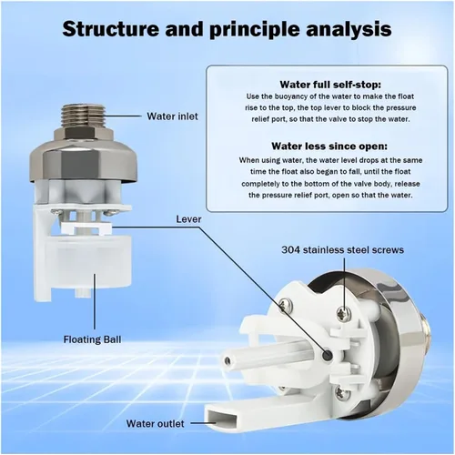 Vista 5 de Water Level Control Float Valve Stainless Steel Floating Ball Automatic 1/2 3/4 Tank Tower Shutoff Valve(1/2",Upper Inlet)
