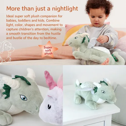 Vista 3 de Cloud B Twilight Buddies Dragón de peluche Luz nocturna Proyector de estrellas y constelaciones en 3 colores Apagado automático desde
