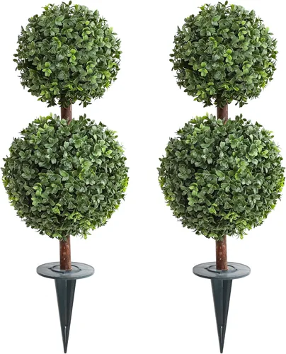 momoplant Topiario artificial de doble bola árboles pequeños con pico de suelo de 27 pulgadas de alto para exteriores/interiores [2 unidades] 2 pies