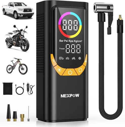 Vista 10 de NEXPOW NP17 Compresor de Aire Portátil, Inflador de Neumáticos Digital de 150 PSI, Inflado Rápido con Apagado Automático, Luz LED, Múltiples Rojo