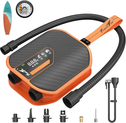 TowerTop 10500mAh Electric Paddle Board Pump-50PSI Rechargeable Sup/Car Pump Dual Stage (Inflation & Deflation) with Cooling Fan, 8 Nozzles, HD LCD