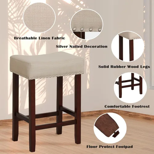 Vista 4 de ERGOMASTER Taburetes de bar, 24 pulgadas, modernos taburetes de sillín, madera de caucho, caqui/marrón, juego de 2