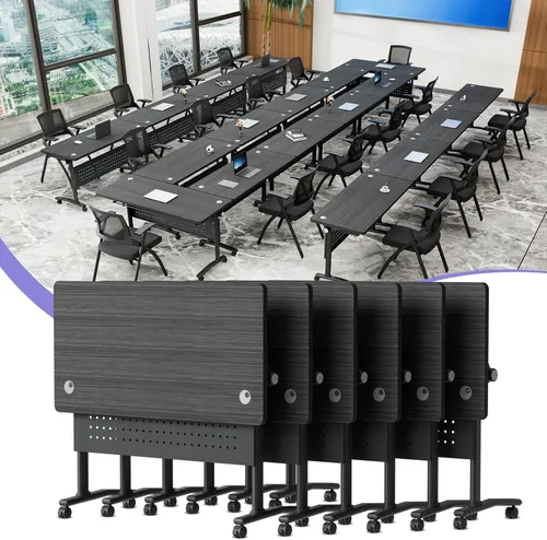 Vista 15 de Mesa de conferencias plegable con ruedas, mesa modular para sala de conferencias con 2 ojales para cables, mesas móviles de sala de reuniones